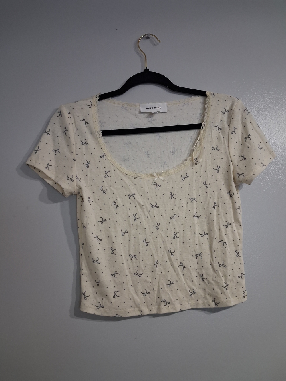 Pink Rose Coquette Bow Print Lace Trim Crop Top Size L